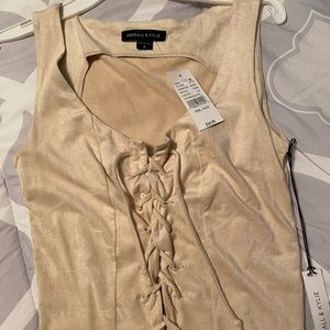 Lace-up front cream suede crop tank top